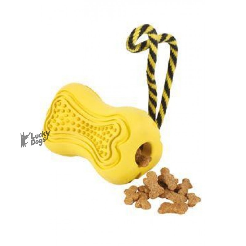 Hračka pes TITAN gumová kosť s lanom S žltá Zolux